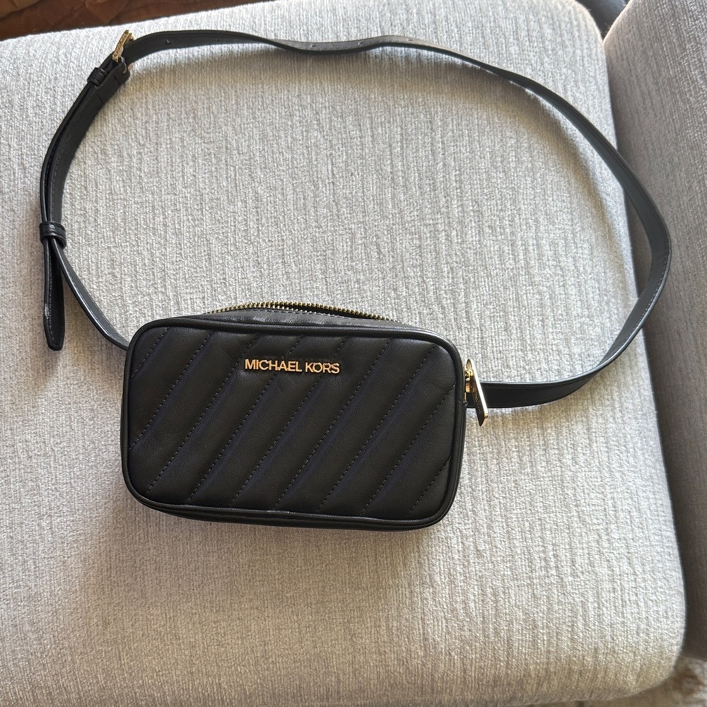 Michael Kors Black Quilted Leather Belt Bag with Gold Logo